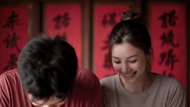 Couple writing Spring Festival couplets for the New Year
