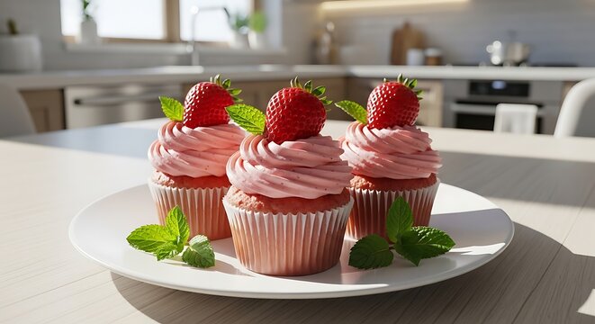 Delicious Strawberry Cupcakes with Pink Frosting and Mint Leaves on a White Plate.