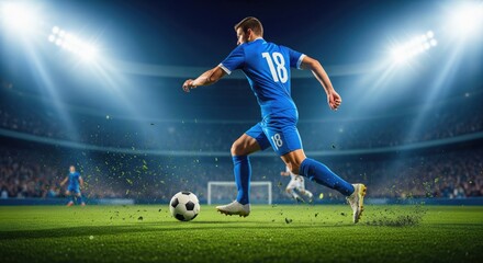 Soccer player in a blue uniform running with the ball during a professional match