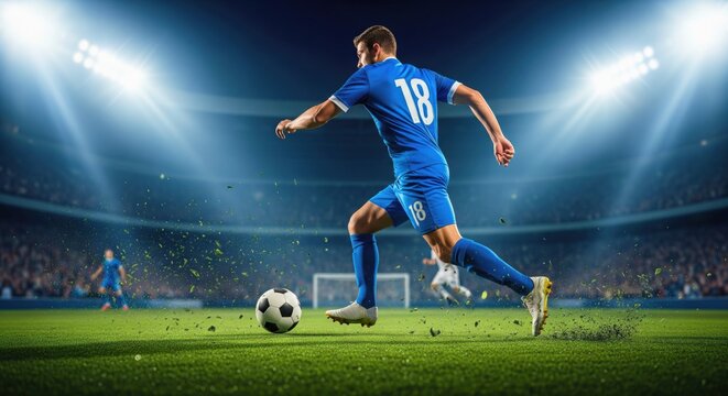 Soccer player in a blue uniform running with the ball during a professional match - Powered by Adobe