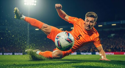 Soccer player in an orange uniform makes a dynamic sliding kick on the ball