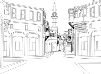 Obraz premium Arabic city contour drawing features, detailed buildings with windows, and a sky background.