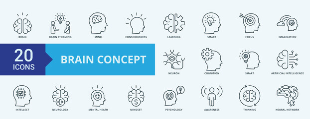Brain Concept icon set illustration vector with brain, brain storming, mind, consciousness, learning, smart