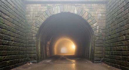 Naklejka premium Stone tunnel with arched entrance and exit, shrouded in a dense, atmospheric fog.