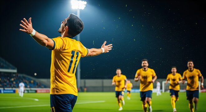 Soccer player in a yellow jersey celebrating a goal in a professional stadium at night