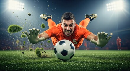 Goalkeeper making a dramatic diving save during a soccer match