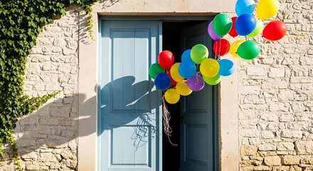 Colorful Balloons Floating from Open Doorway.