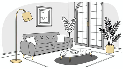 Cozy Living Room Scene with Sofa and Coffee Table.