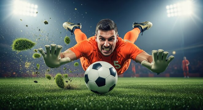 Goalkeeper making a dramatic diving save during a soccer match