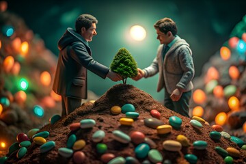 Two Men Planting a Tree on a Hill of Pills