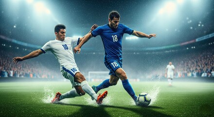 Soccer player executing a slide tackle on a wet field during a match