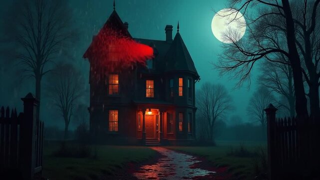 Creepy scene with a big haunted house on a bloody night, made of sharp fragments