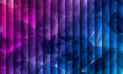 Abstract Purple and Blue Gradient Background with Geometric Crystal Shapes and Vertical Stripes.