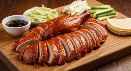 Wandcirkels Peking Sliced Peking duck arranged on a wooden board, accompanied by pancakes, scallions, cucumbers, and hoisin sauce.  © felia