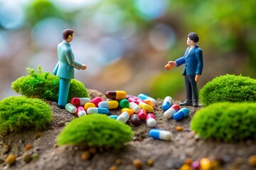 Miniature Figures Exchanging Pills Amidst Green Moss