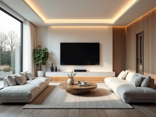  a modern living room with a large television, white sofas, and a wooden coffee table on a rug. The room features large windows, wooden paneling, and recessed lighting.