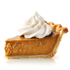 Slice of pumpkin pie with whipped cream topping on a white background