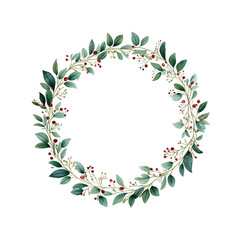 Obraz premium Watercolor botanical wreath with green leaves and red berries, hand-painted and isolated on a transparent background. Ideal for seasonal design, invitations, and nature-themed projects.