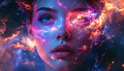 A woman's face merges with vibrant cosmic energy, nebulae, and lightning.