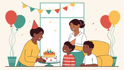 Family Celebrating Birthday with Cake and Balloons at Home.