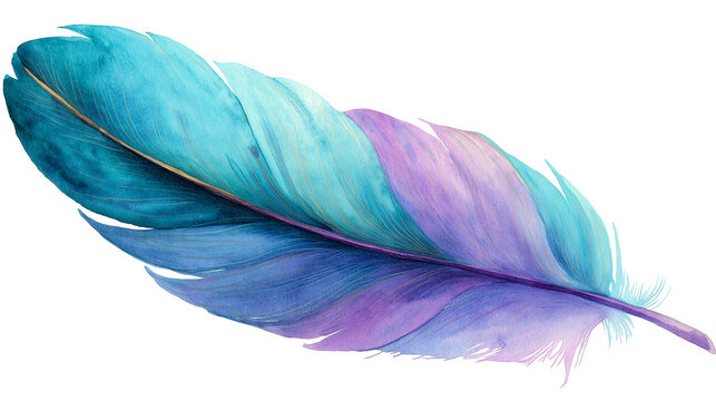 Vibrant watercolor feather illustration with gradient blue, turquoise, and purple tones. Hand-painted style, isolated on a transparent background. Ideal for design, branding, and decor.