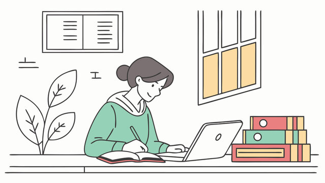 Woman working on laptop and writing in notebook at desk.