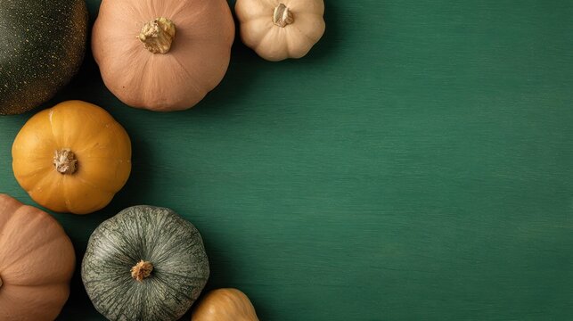 Harvest bounty of colorful pumpkins arranged on a rustic green wooden surface for autumn themes