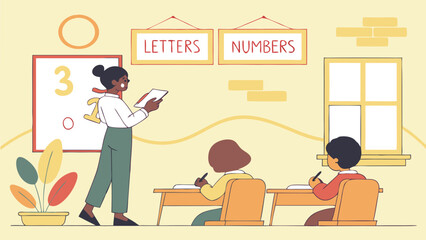 Classroom scene with teacher and students learning numbers and letters.