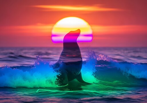 Seal emerging from ocean waves with vibrant sunset backdrop scenery