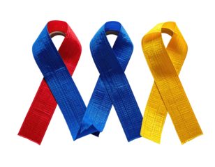 Three awareness ribbons, red, blue, and yellow, intertwined against a black background