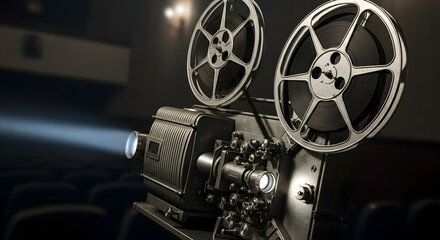 Naklejka premium Classic movie projector with film reels casting a luminous beam in the atmospheric darkness of a vintage cinema