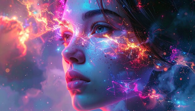 A girl's face merges with vibrant cosmic energy, nebulae, and stardust.
