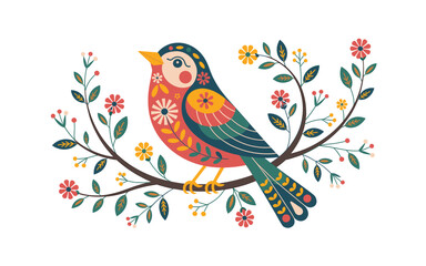 Decorative Bird Illustration: Colorful Folk Art Bird Perched on Blooming Branch with Flowers, Leaves, and Berries in Bright Palette