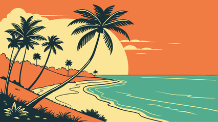 Tropical palm trees on a sandy beach at sunset.