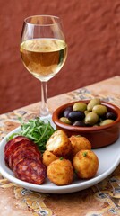 Spanish tapas with croquettes, chorizo, olives and white wine on a decorated table