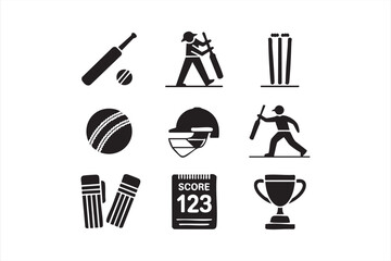 Vector cricket illustration pack including scoreboard players and equipment