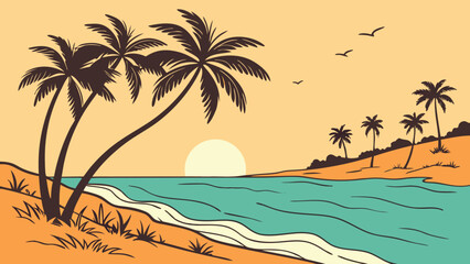 Palm trees silhouette on the beach at sunset with ocean view.