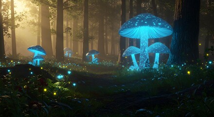 Ethereal Bioluminescent Mushrooms Illuminating a Mystical Dark Forest Path, Creating an Enchanting Glow Amidst Ancient Trees and Magical Fog