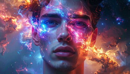 A man's face illuminated by vibrant, glowing blue, pink, and orange electric energy patterns, set against a cosmic, cloudy, and starry background, symbolizing consciousness and technology.