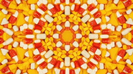 immune. Vibrant floating vitamin capsules in a kaleidoscopic pattern against a radiant backdrop. STEM education sheets, lab safety posters, designed for STEM education and laboratory safety posters.