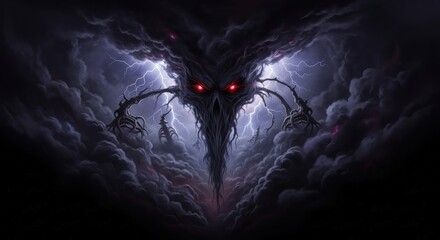 A terrifying, ominous creature emerges from a swirling storm of dark clouds, illuminated by red eyes and lightning.