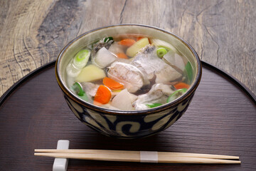 cod fish and root vegetables soup, Japanese traditional food