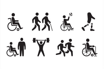 Wheelchair sports icons collection with running crutches prosthetics and athletes