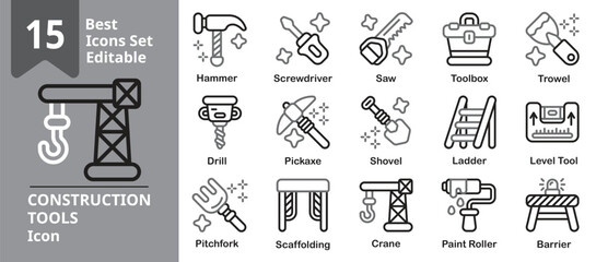Constructions Tools icons. Contains wrench, screwdriver, saw, drill, toolbox, and building equipment. Editable outline vector illustration.