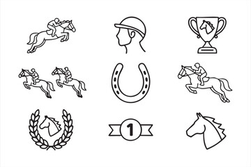 Horse riding competition icons set with rider helmet trophy and horse head