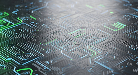 Circuit board glows with green and blue light, showcasing intricate pathways and connections in a modern technology concept.
