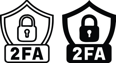 Two Factor Authentication Icons. Black and White Vector Illustration. Padlock and Shield. Method of Increasing Account Security. Concept Password and Data Security

