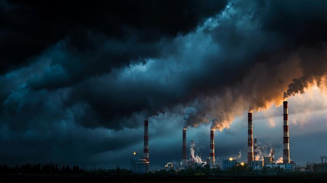 Industrial Emission under a Stormy Sky: A foreboding industrial scene depicting the stark contrast between dark, polluted clouds and the factory stacks belching smoke.