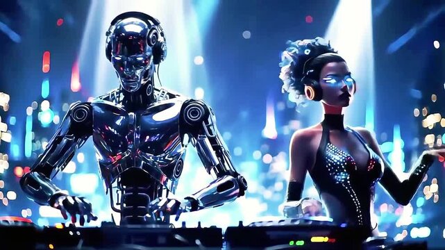 Futuristic Robots and Woman DJ Performing in Neon City Night Scene with Dynamic Lighting