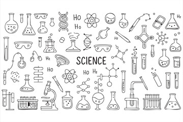 Hand drawn science symbols collection including dna microscope and molecules